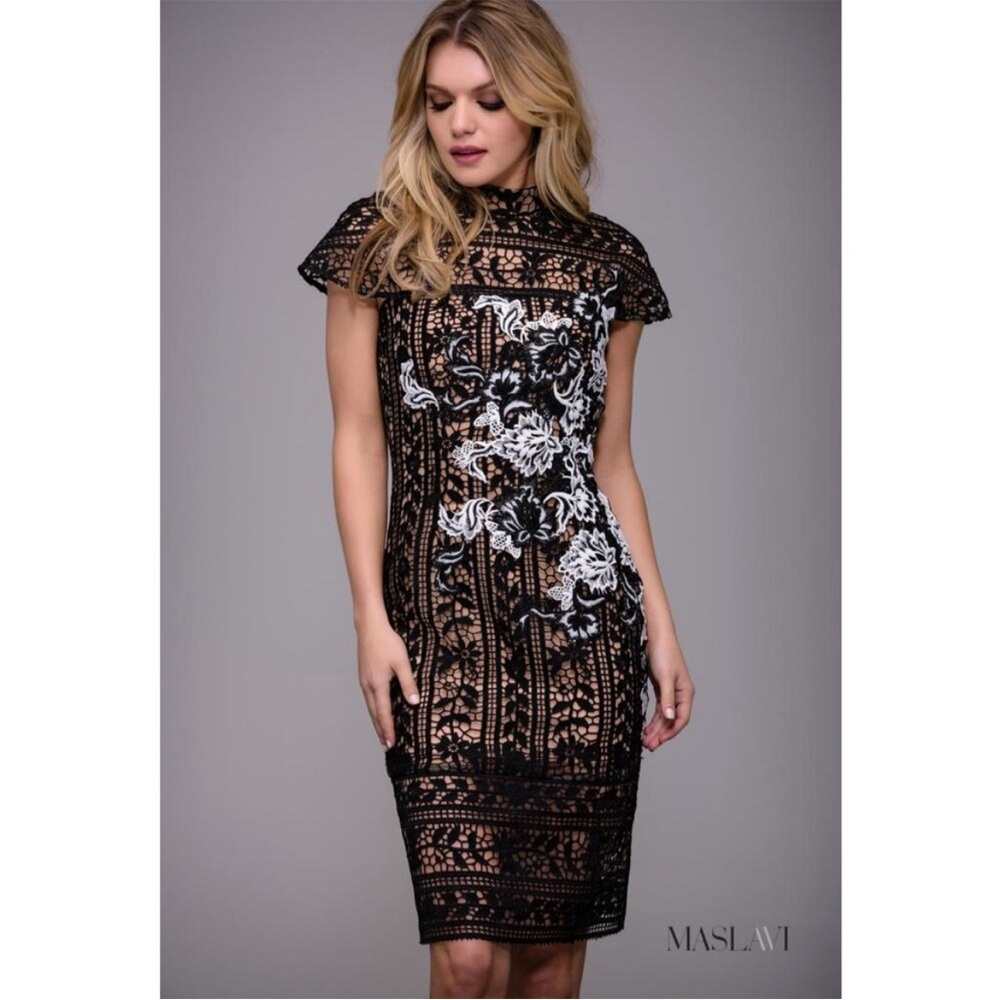 NWT Maslavi Jovani Black Ivory High Neck Contemporary‎ Lace Dress